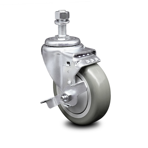 4 Inch Gray Polyurethane Wheel Swivel 1/2 Inch Threaded Stem Caster with Brake